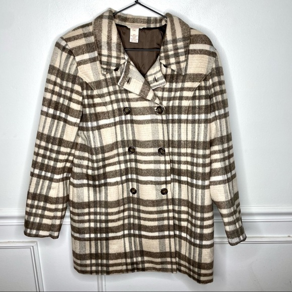 Sundance Jackets & Blazers - Sundance Brown Plaid Double Breasted Wool Blend Pea Coat Womens M